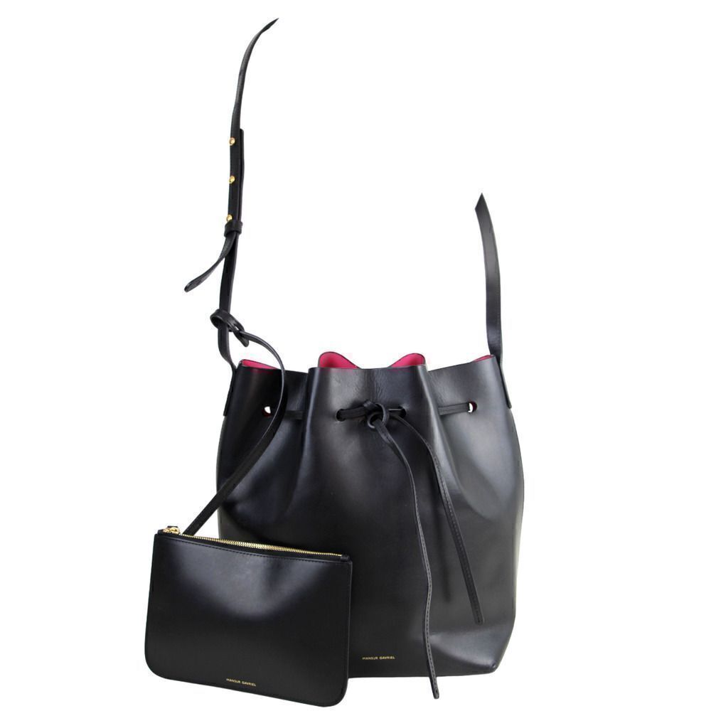 MANSUR GAVRIEL BLACK PINK GENUINE LEATHER DRAWSTRING X-BODY SHOULDER BAG + POUCH